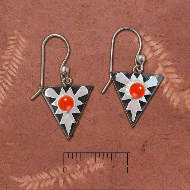 Round carnelian cabochons in silver triangle earrings for wholesale by Tidepool