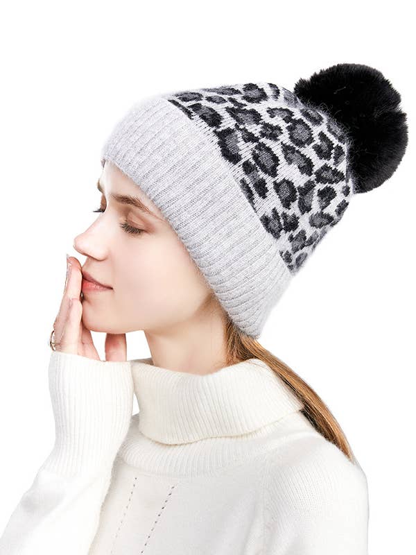 Pullover beanie leopard print cashmere knit hat for wholesale by HIDDENBRAND