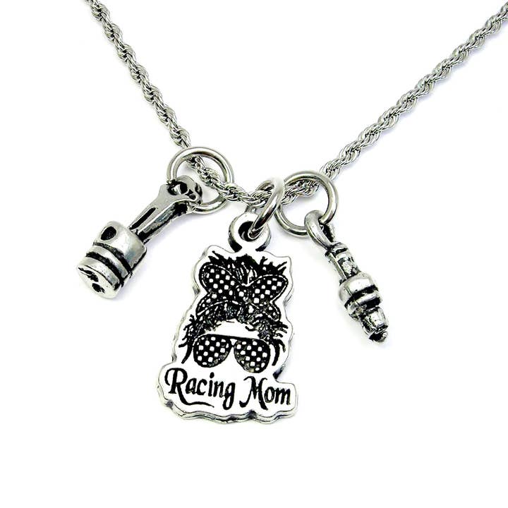 Chubby Chico Charms - Wholesale Pendant/Charm Necklace - Racing mom with piston and spark plug Necklace speedway