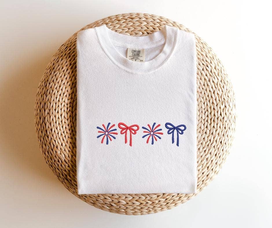 ART OF DOTS - Wholesale T-Shirt - Women's - Coquette Bow American Flag Embroidered Patriotic Tee1