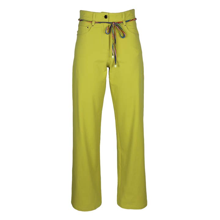 Calças de Algodão Verde-Lima de Perna Larga com Cinto de Cordão Removível por atacado de Lalipop Design