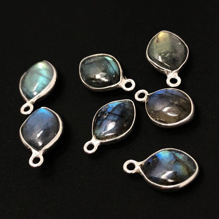 7 Pcs Labradorite Gemstone Charms, Sterling Silver Briolette Charms, Wholesale Jewelry Findings, Jewelry Making, Jewelry Supplies, 15.5x10mm for wholesale by Akstar Gems