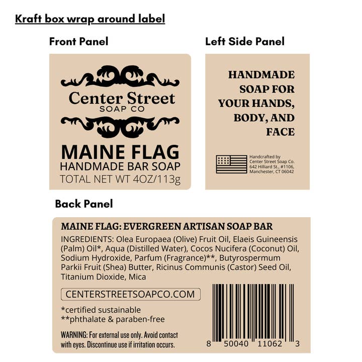 Center Street Soap Co - Wholesale Bar Soap - Maine Flag Vegan Handmade Bar Soap - 4oz