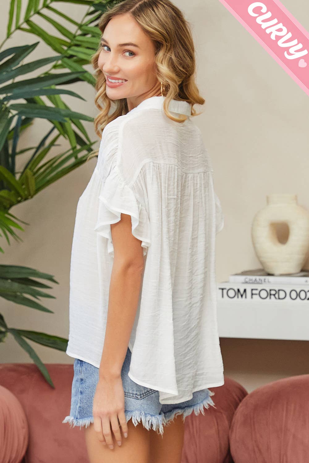 Sweet Lovely by Jen - Wholesale Button Down Shirt - Women's - PLUS SIZE CASUAL SHORT RUFFLE FLOWY SHIRT22