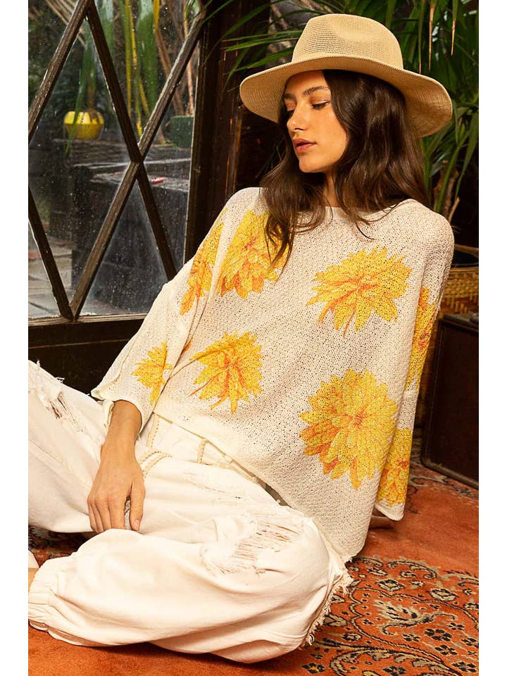 Pol Clothing - Wholesale Knit Sweater - Women's - Round neck flower print solid light weight sweater