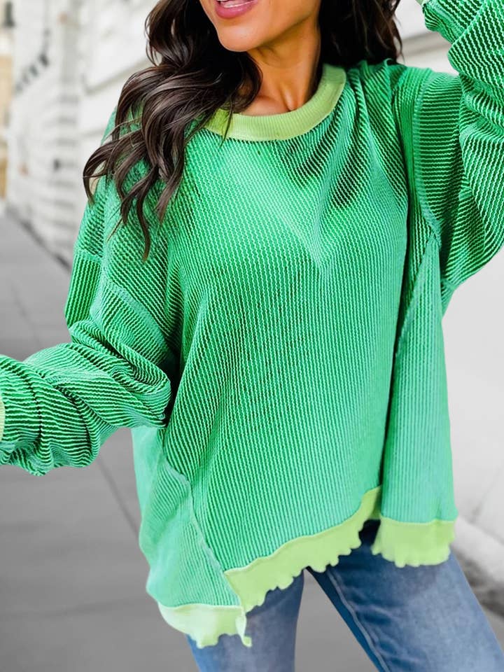 Rib Uneven Hem Loose Fit Long Sleeve Top | S-XL for wholesale by Aapparella