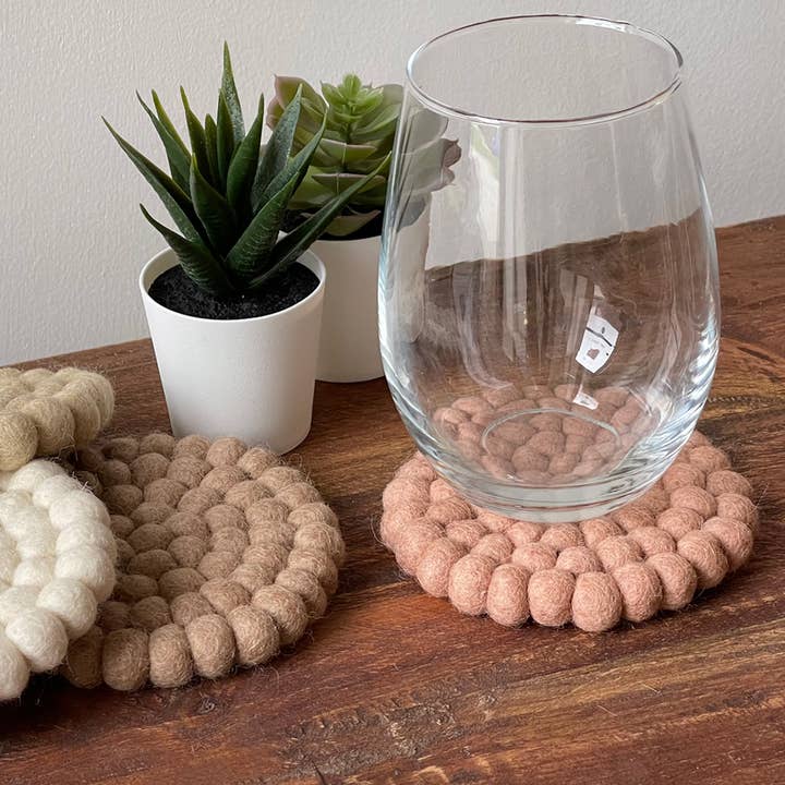 Global Crafts - Wholesale Coasters - Rose Quartz Tonal Felt Ball Coasters, Set of 41