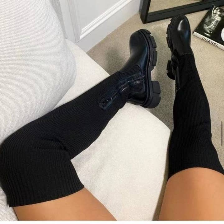 Serene Couture - Vendita all'ingrosso Stivali a calza - Donna - Scarpe autunno-inverno con suola spessa, punta arrotondata, cuciture a maglia sopra il ginocchio, stivali da donna in pelle elasticizzata di lana Flyknit, taglie forti