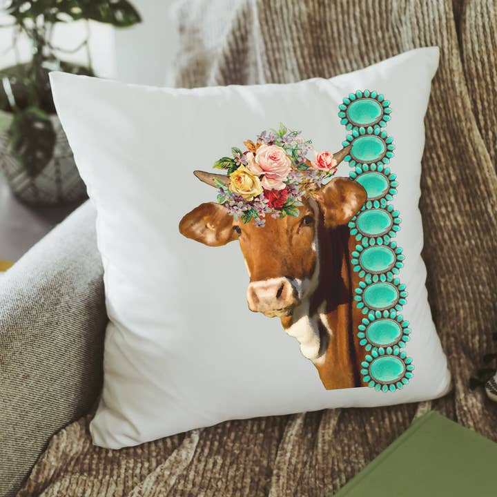 Cow and turquoise pillow cover for wholesale by Capable By Design