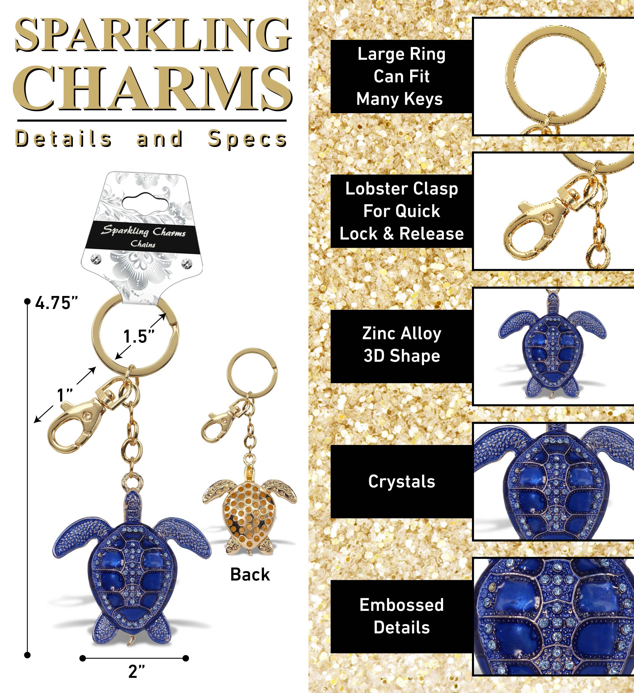 Cota Global - Wholesale Keychain - Unisex - Gold Sparkling Charms - Blue Sea Turtle1
