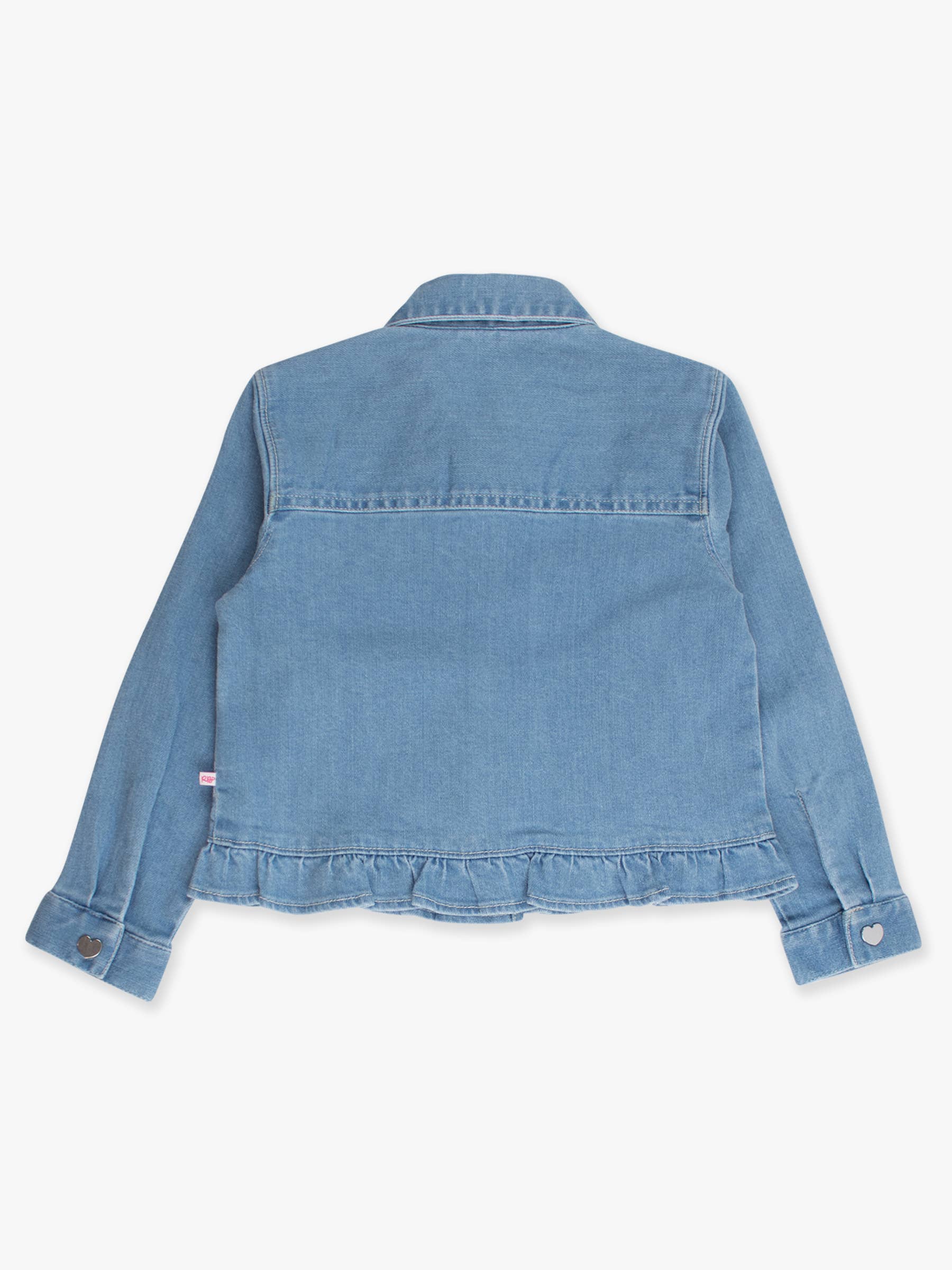 Blå Flickor Ljus Tvätt Denim Stretch Denim Volang Jeansjacka med Hjärtknappar för wholesale på Faire5