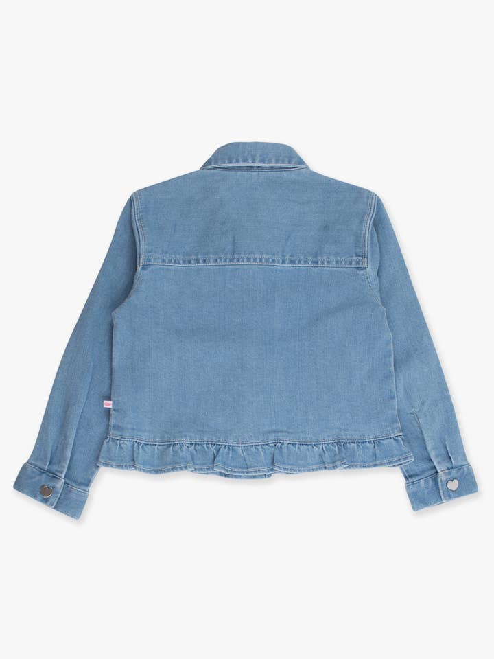 Blue Girls Light Wash Denim Stretch Denim Ruffle Jean Jacket with Heart Buttons
 for wholesale on Faire5