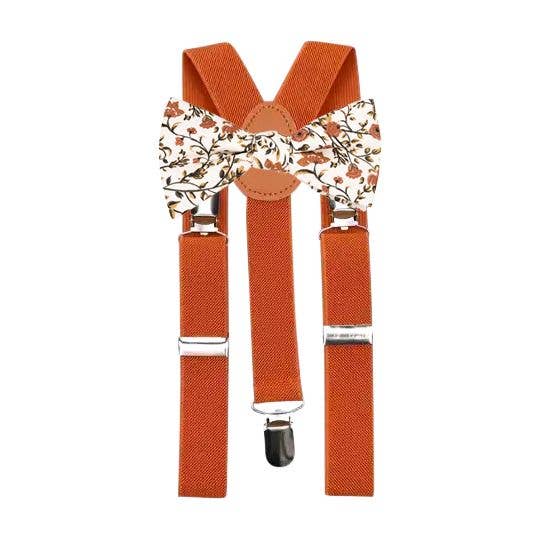 Otto Dammig Orange, Grädde & Mossgröna Blommigt Tryck Bomull Pojkes Fluga och Bränd Orange Hängslen Set för wholesale av Dickie Bow