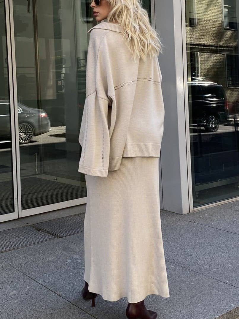 Rosa Clothing - Wholesale Top & Skirt Set - Women's - Polo Collar Loose Pullover Knit Sweater Skirt Set12