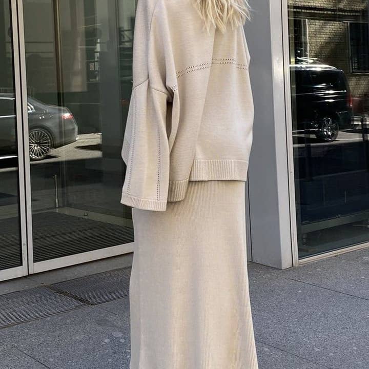 Rosa Clothing - Wholesale Top & Skirt Set - Women's - Polo Collar Loose Pullover Knit Sweater Skirt Set12