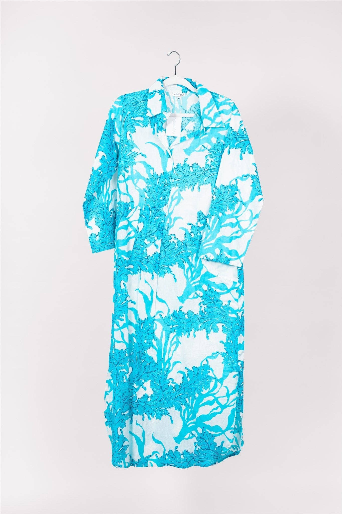 ModaPosa - Wholesale Dress - Women's - Gabriella Maxi Caftan Shirt Dress Big Coral White Blue3