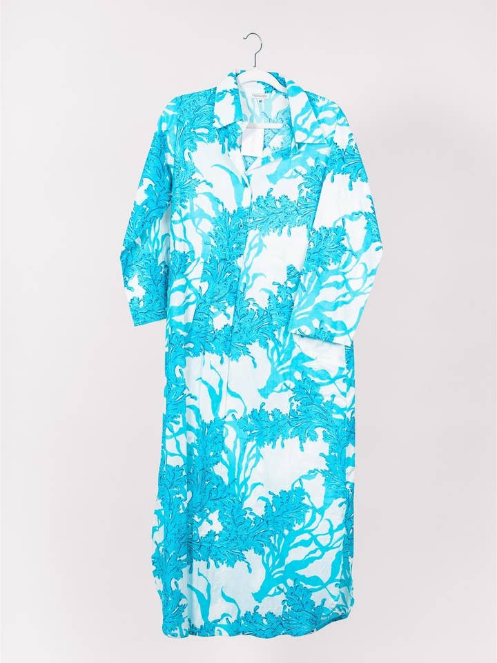 ModaPosa - Wholesale Dress - Women's - Gabriella Maxi Caftan Shirt Dress Big Coral White Blue3