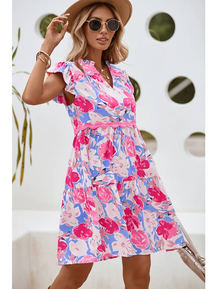 Little Daisy Closet - Wholesale Dress - Women's - LDC Floral V Notched Ric Rac Flutter Sleeve Dress