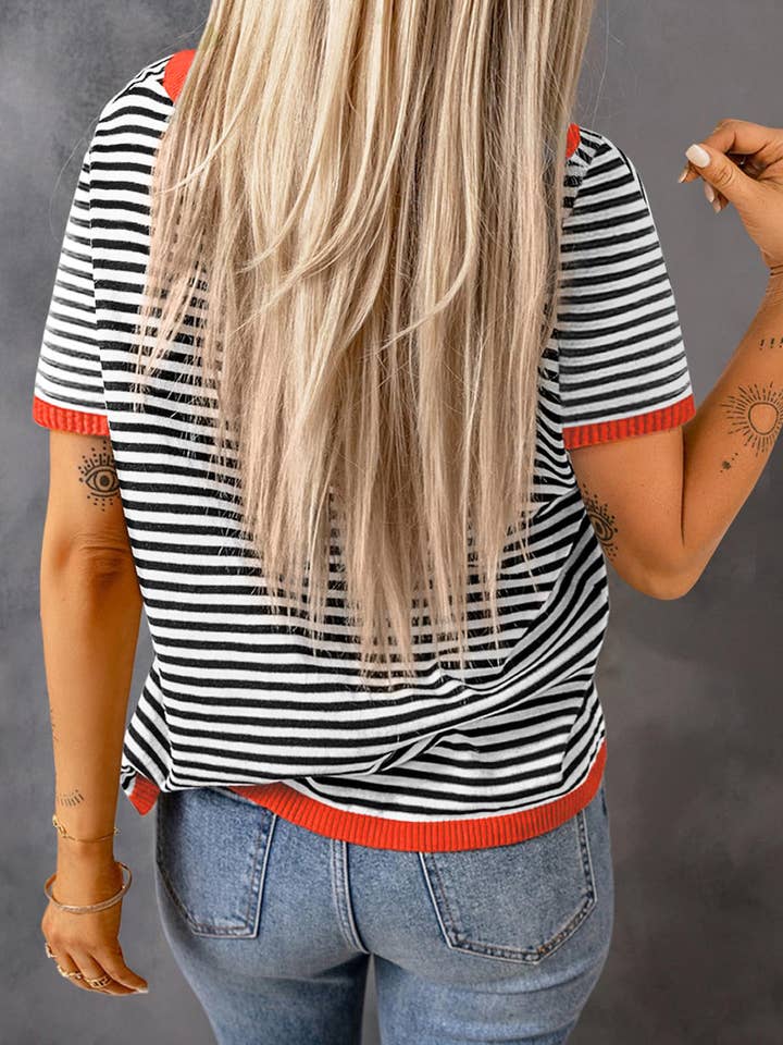 Lovesoft – wholesale Knitted jumper – Women′s – Women's Crew Neck Striped Contrast Short Sleeve Casual Sweater1