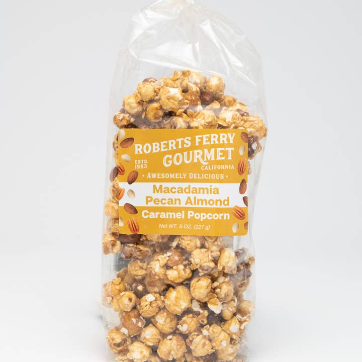 Macadamia Pecan Almond Caramel Popcorn for wholesale by Roberts Ferry Gourmet