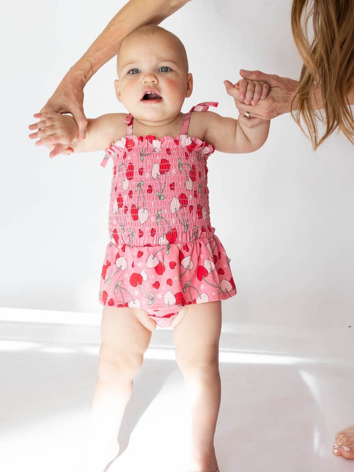 Cherry Hearts Shirred Dress Romper for wholesale by House of Henry