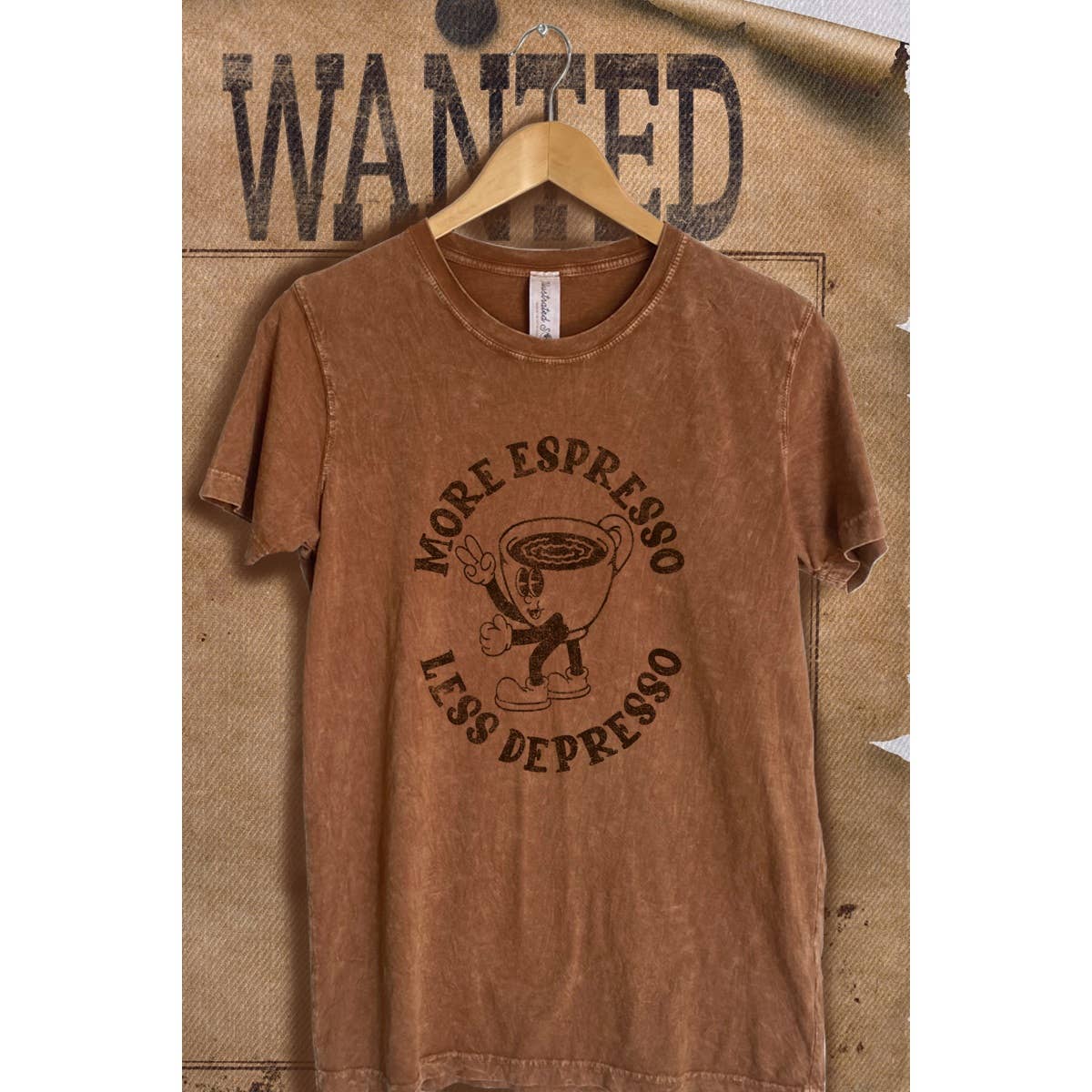 Illustrated Society - Wholesale Screen Printed T-Shirt - Women's - MORE ESPRESSO LESS DEPRESSO MINERAL WASH VINTAGE  GRAPHIC  T1