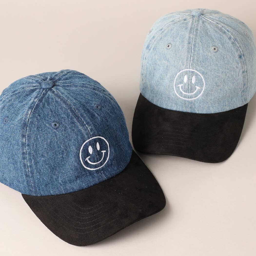 Fashion City - Wholesale Baseball Cap - Women's - Happy Face Embroidered Black Visor Denim Cap6