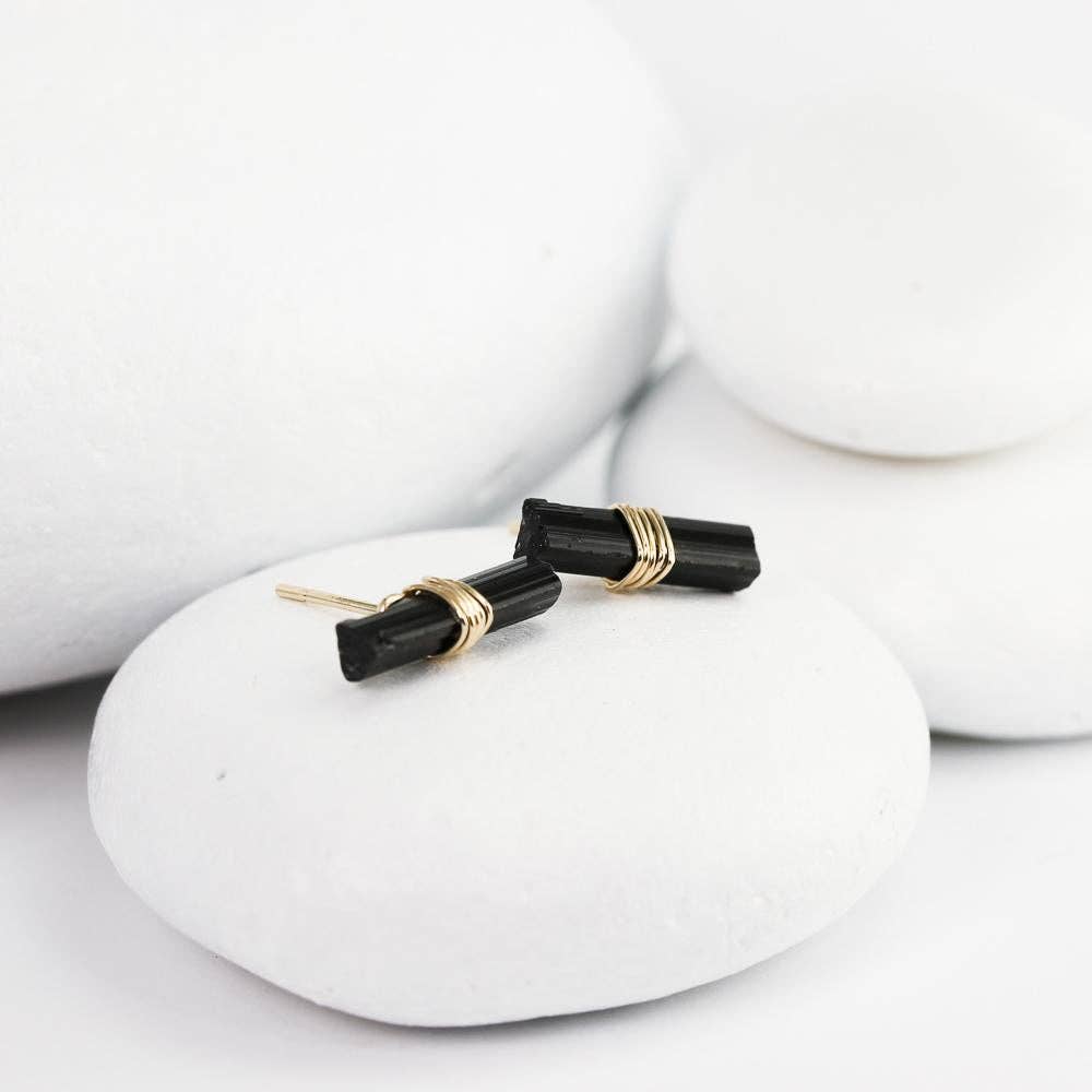 Lotus Stone Jewelry – wholesale Hängande örhängen – Svart turmalin kristall T-stångdubbar