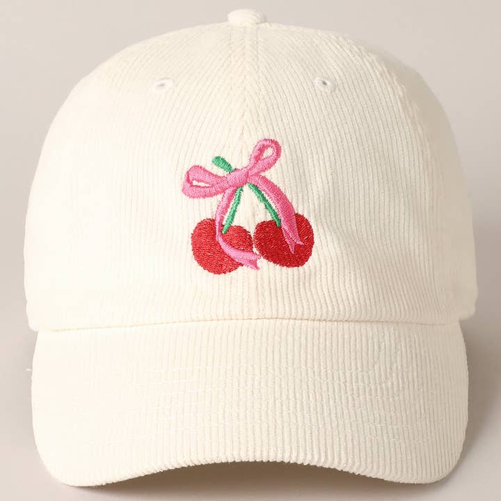 Fashion City - Wholesale Baseball Cap - Women's - Cherries Ribbon Bow Embroidery Corduroy Cap