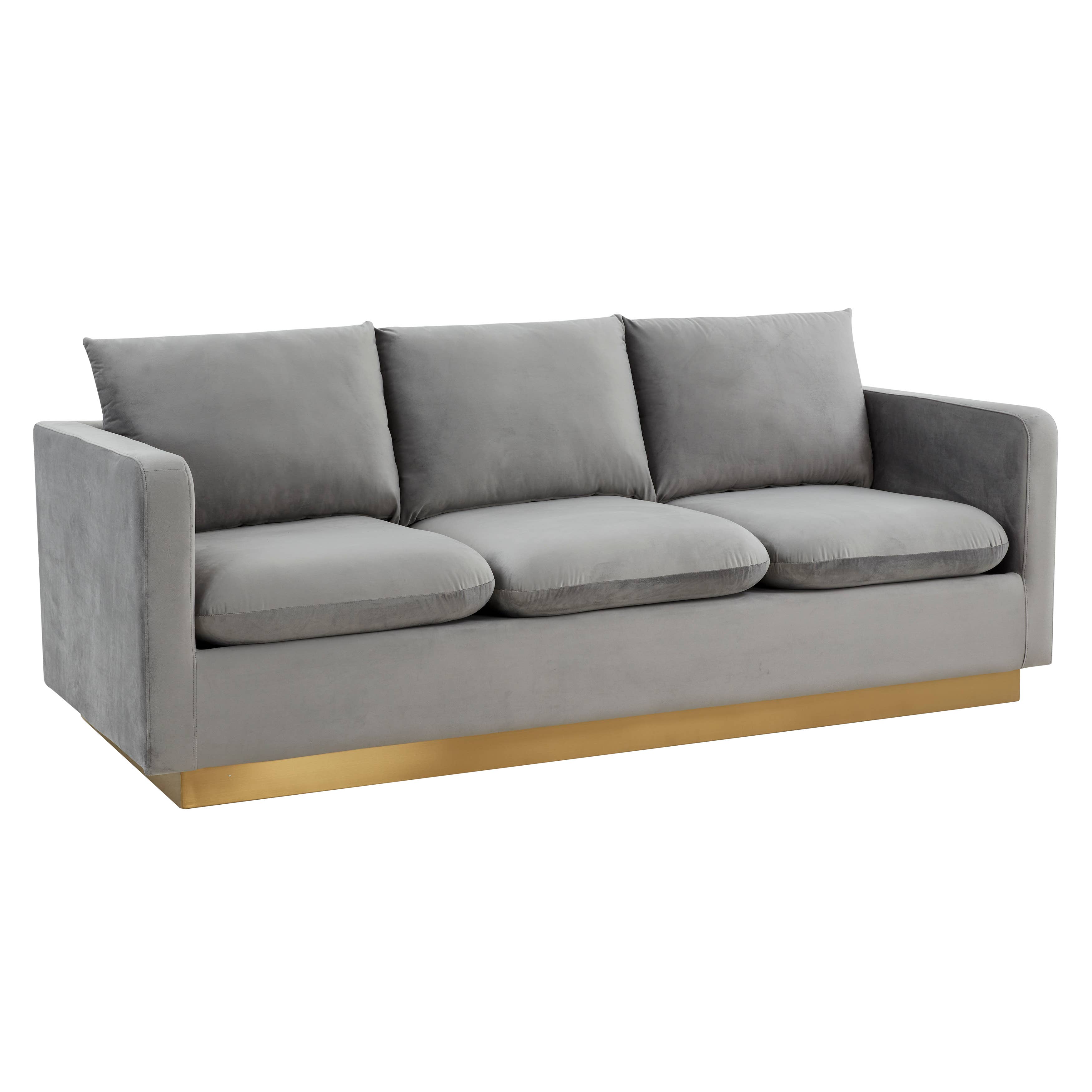 LeisureMod - Wholesale Sofa - Nervo 3-Seater Velvet/Leather Full Sofa with Gold Steel Base5