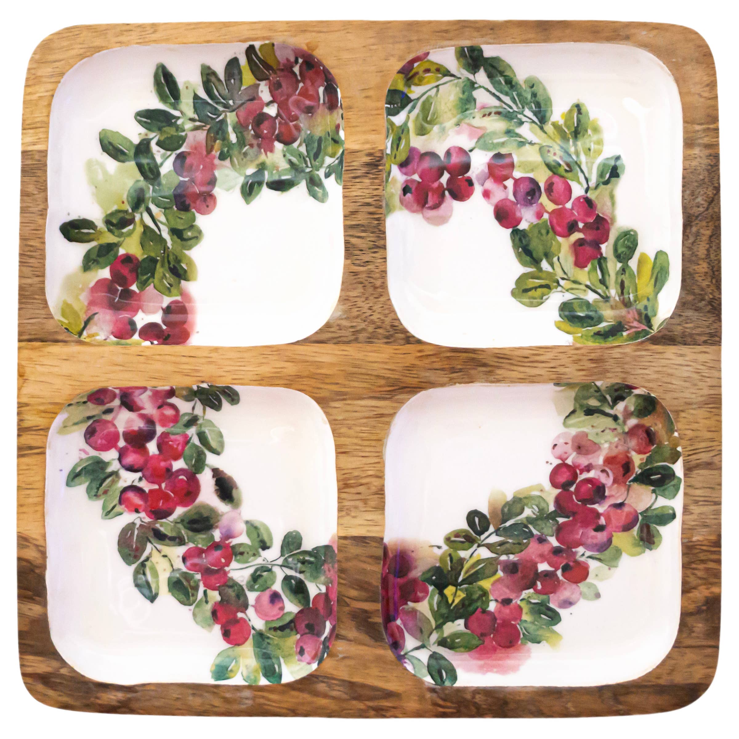 Boston International – wholesale Decorative tray – 10" Cranberry Wreath 4 Sectioned Mango Wood Tray Mangiacotti0