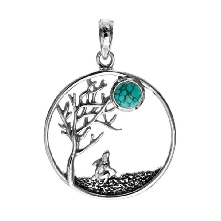 Anabelle turquoise tree, hare and moon pendant for wholesale by Kali Ma Designs - Sterling Silver Jewellery