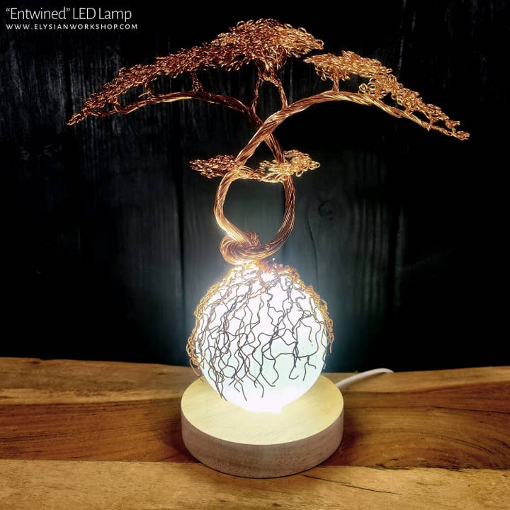 USB LED Lamp Copper Wire Entwined Bonsai Tree on Selenite for wholesale by Elysian Workshop