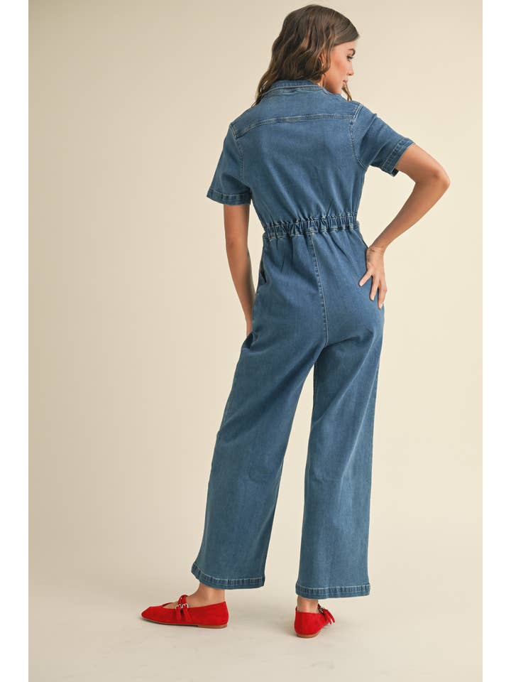 JU3631 STRETCH DENIM BUTTONDOWN JUMPSUIT for wholesale on Faire