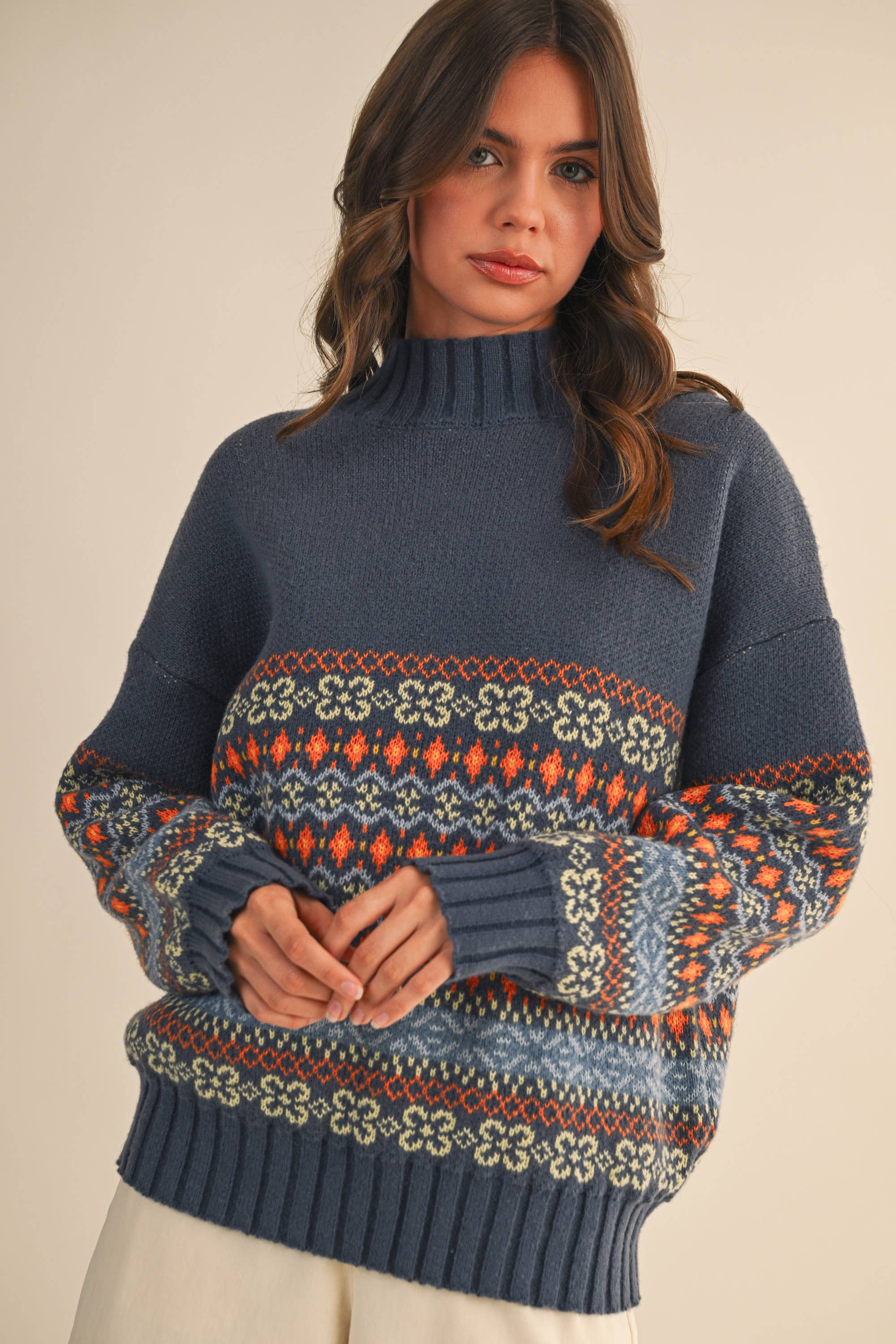 COMBO MARINE Haut de pull à col montant à motif rayé contrasté IT4443 en vente sur Faire0