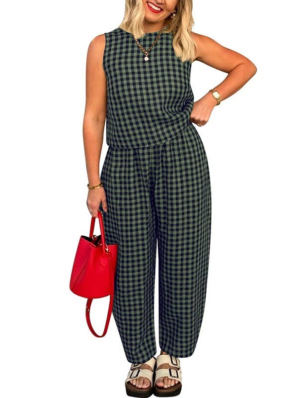 Rosa Clothing - Wholesale Lounge Set - Women's - Gingham Tank Tops Plaid Print Wide Leg Pants Set1