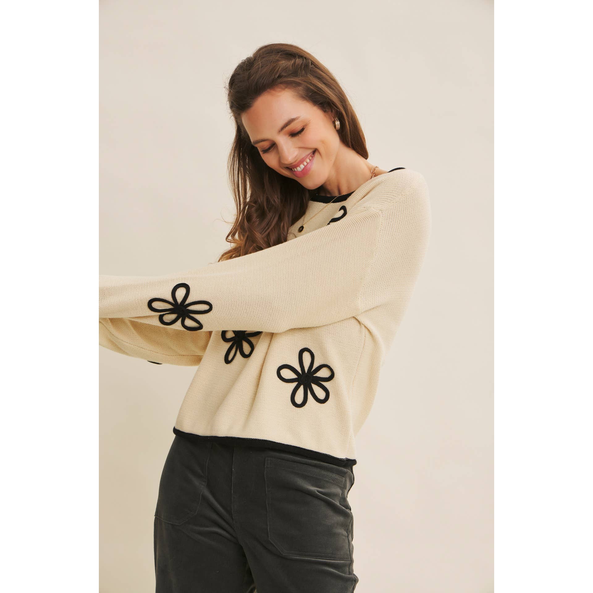 in february - Wholesale Knit Sweater - Women's - EFFORTLESS COMFORT CONTRAST FLORAL APPLIQUE SOFT SWEATER5