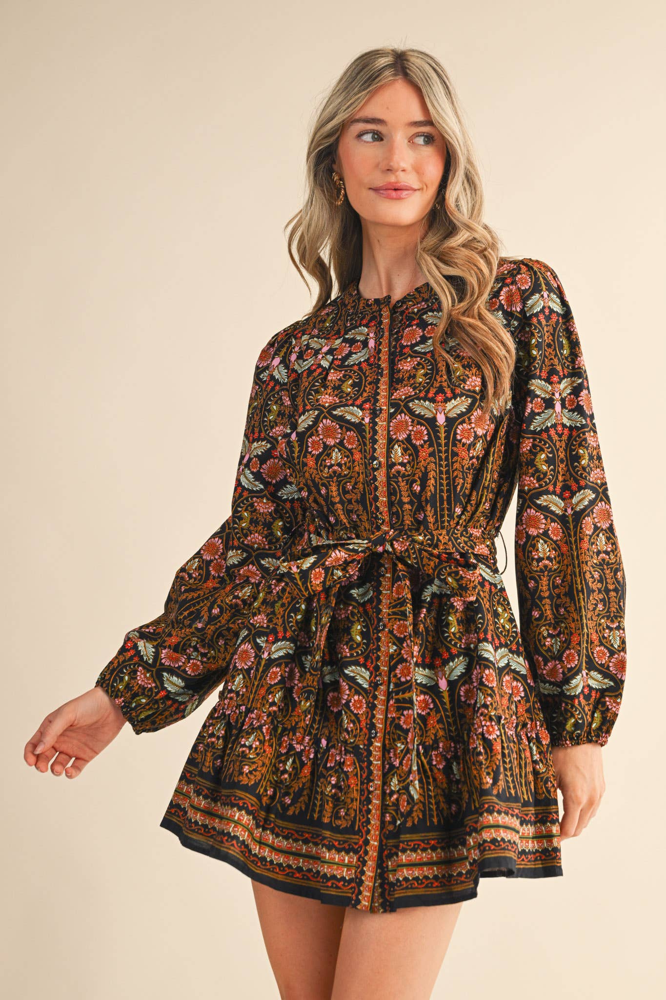 &MERCI - Wholesale Dress - Women's - EXCLUSIVE FLORAL PRINT BUTTON DOWN BELTED MINI DRESS MDR45213
