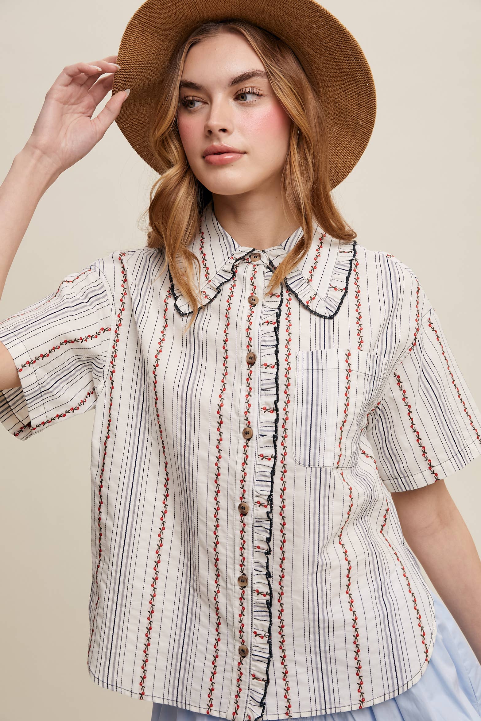 Listicle - Wholesale Button Down Shirt - Women's - Striped Embroidered Button-Down Blouse14