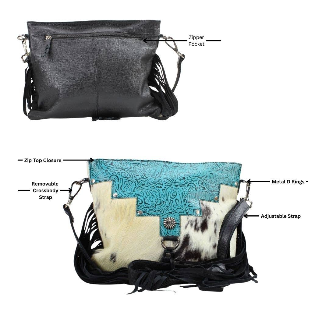 Leather Impressions Inc - Wholesale Crossbody Bag - Women's - AB Tooled Fringe HOH Zip Top Crossbody Bag #AB 24012