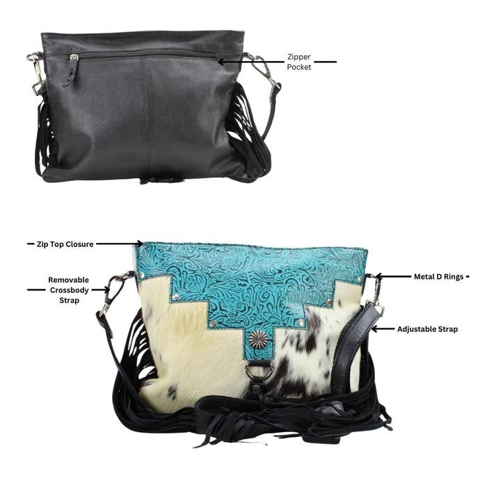 Leather Impressions Inc - Wholesale Crossbody Bag - Women's - AB Tooled Fringe HOH Zip Top Crossbody Bag #AB 24012