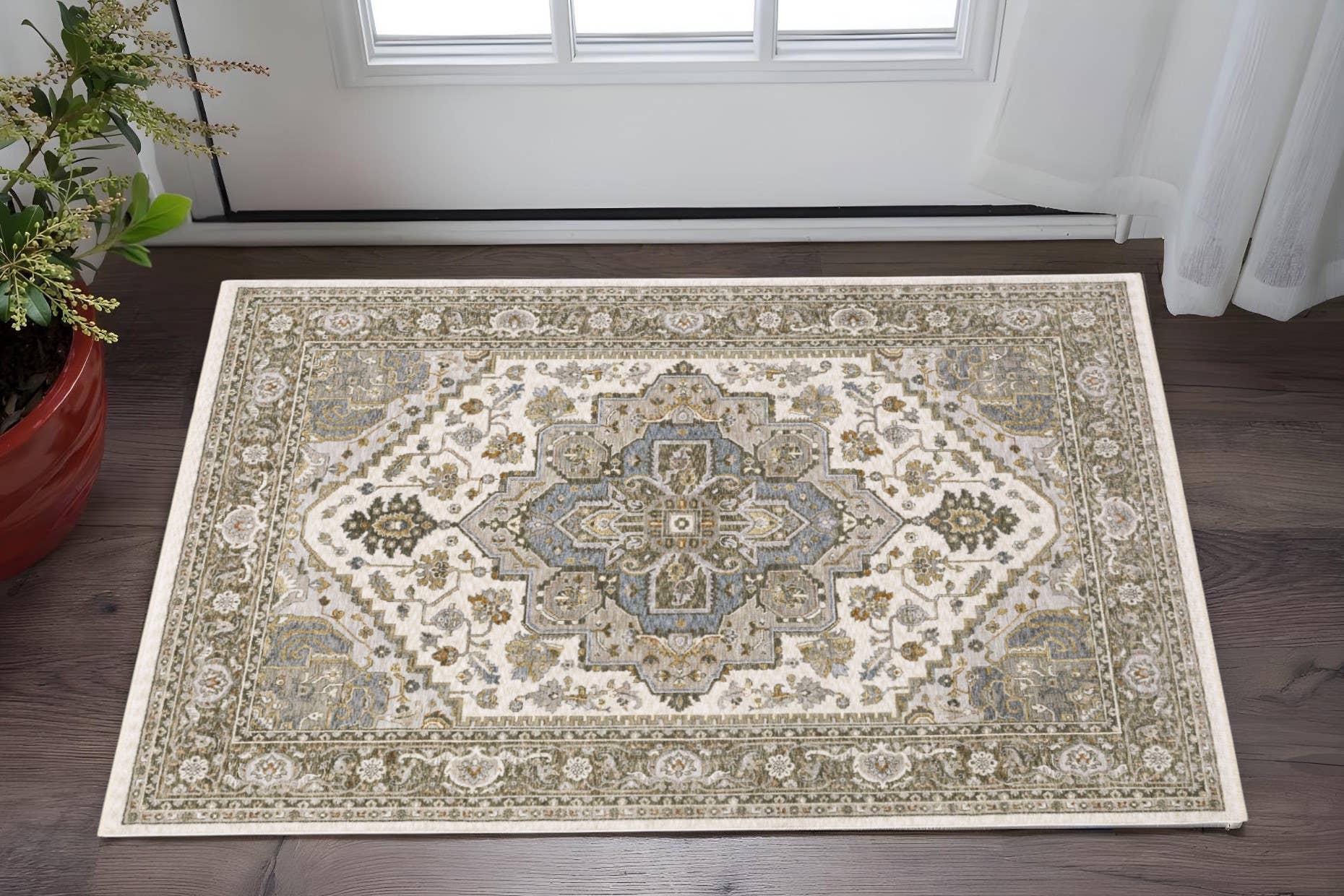 HomeRoots - Wholesale Area Rug - 2' X 3' Ivory And Gold Medallion Distressed Area Rug With Fringe1