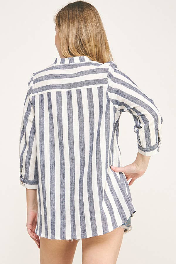 OFF WHITE NAVY T8076L16/THREE QUARTER SLEEVE YARN DYE LINEN SHIRTS  for wholesale on Faire3