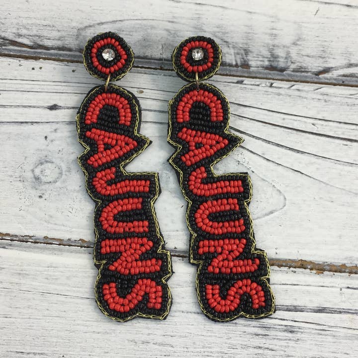 Beaded black and red CAJUNS earrings for wholesale by SongLily
