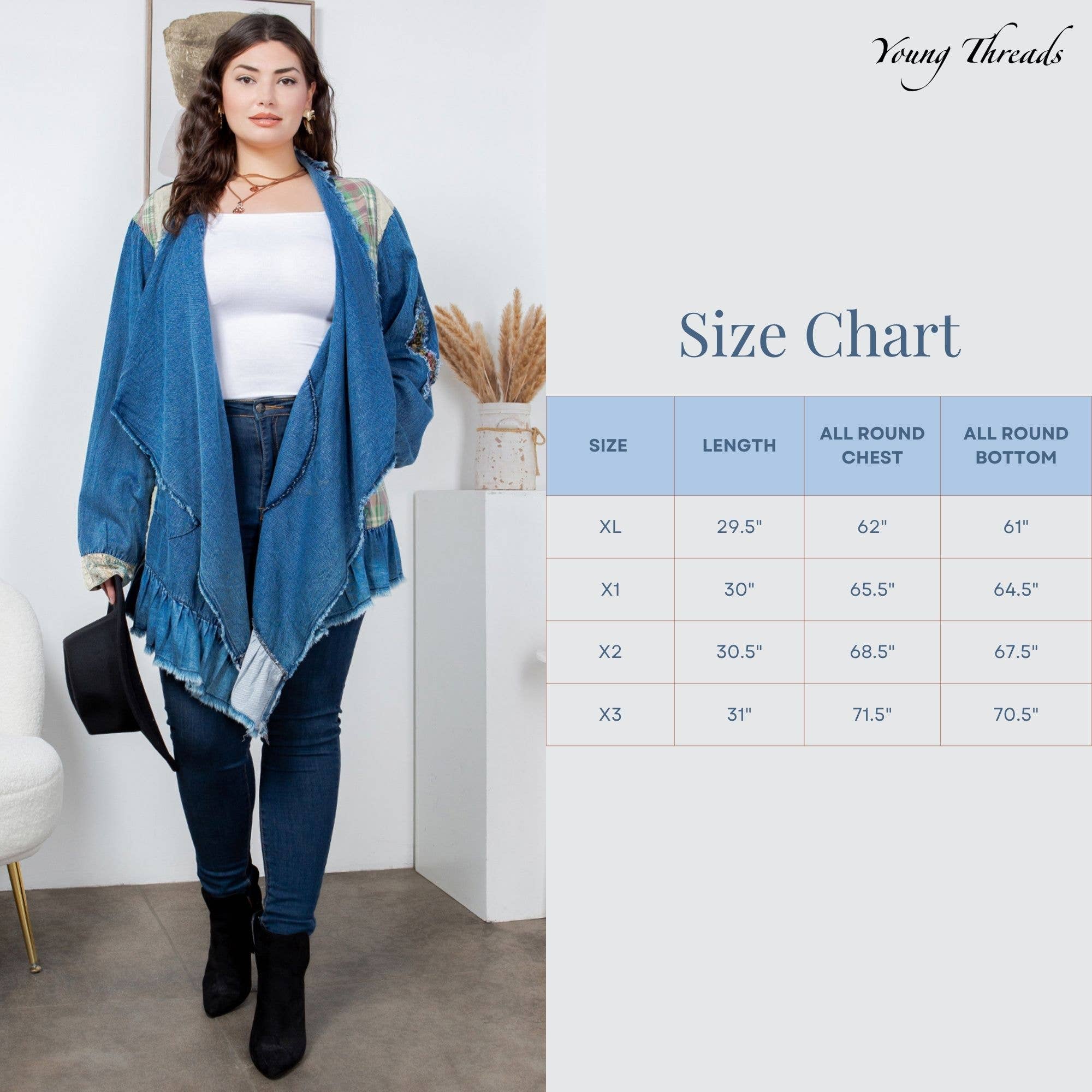 Young Threads - Wholesale Button Down Shirt - Women's - Western Boho Chic: Patched Denim Shrug ALSO IN PLUS 17