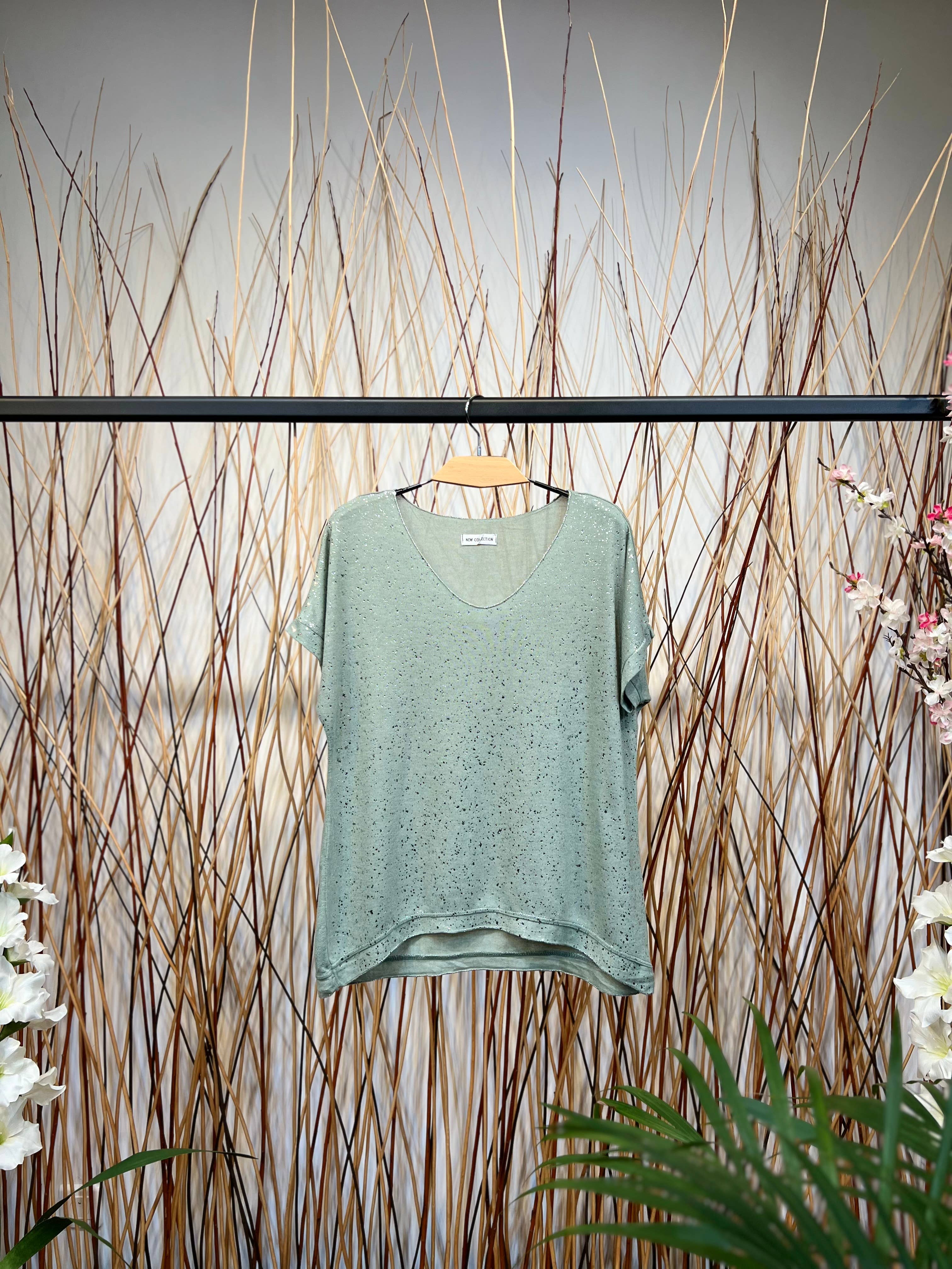 L'Emotion - Wholesale T-Shirt - Women's - Silver Glitter Decoration V-Neck Short Sleeve T-Shirt5