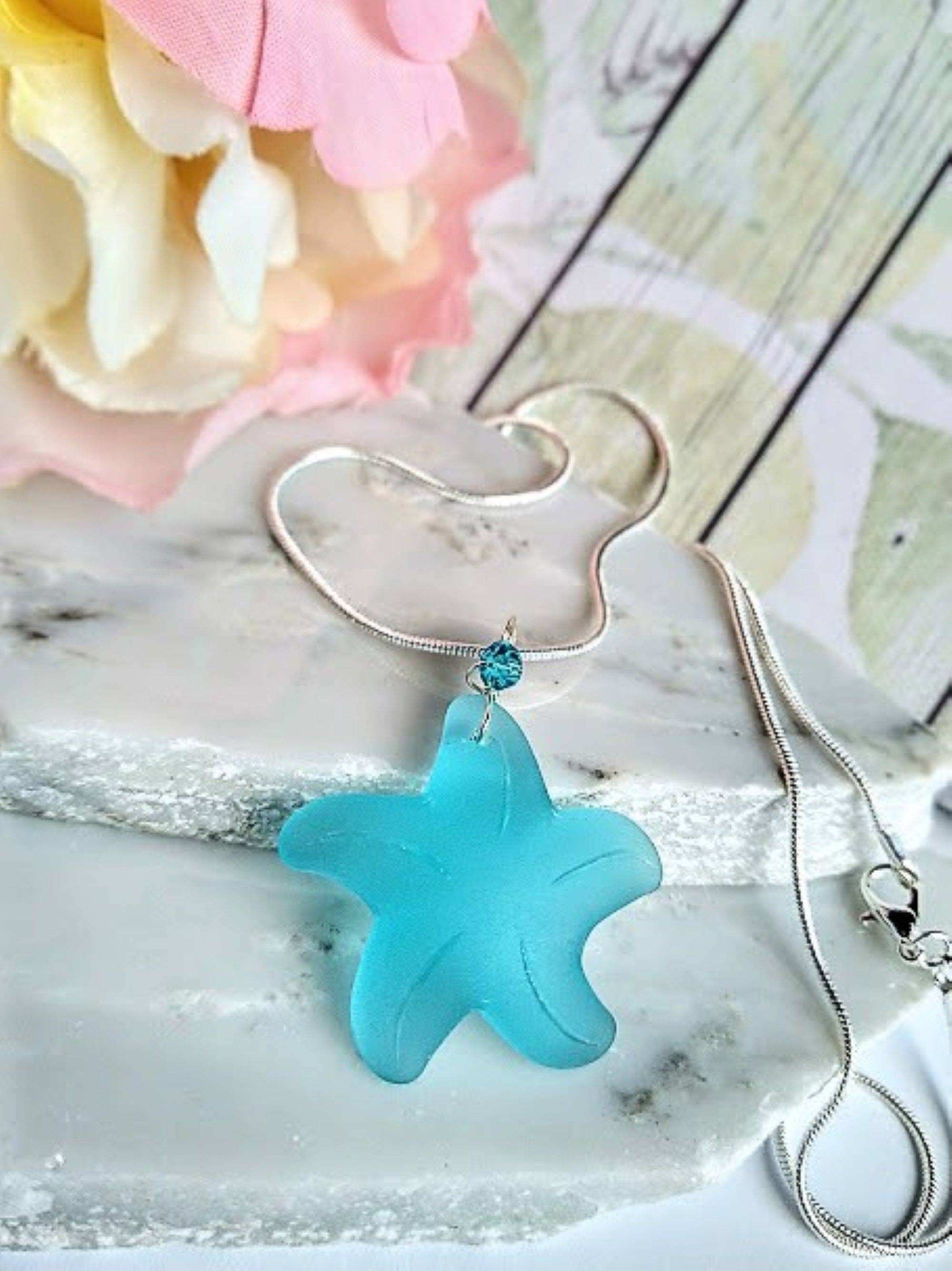 Bad Apple Designs - Wholesale Pendant/Charm Necklace - Caribbean Blue Starfish Sea Glass Pendant, Silver Snake Chain 18 Inch Necklace-Beach Charm-Ocean Lover's Gift2