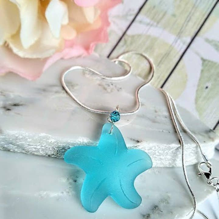 Bad Apple Designs - Wholesale Pendant/Charm Necklace - Caribbean Blue Starfish Sea Glass Pendant, Silver Snake Chain 18 Inch Necklace-Beach Charm-Ocean Lover's Gift2