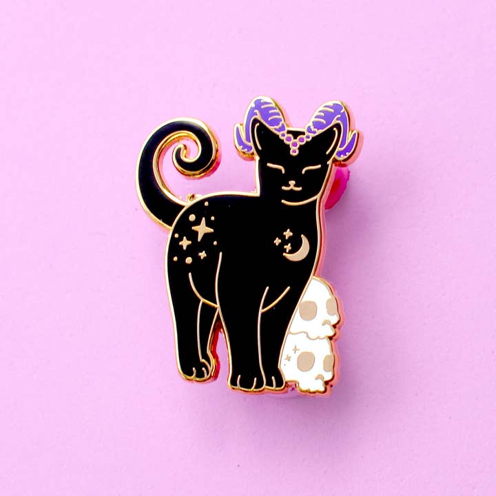 Glitter Punk - Wholesale Lapel Pin/Button - Halloween Horned Cat Enamel Pin; Gothic black cat with spook