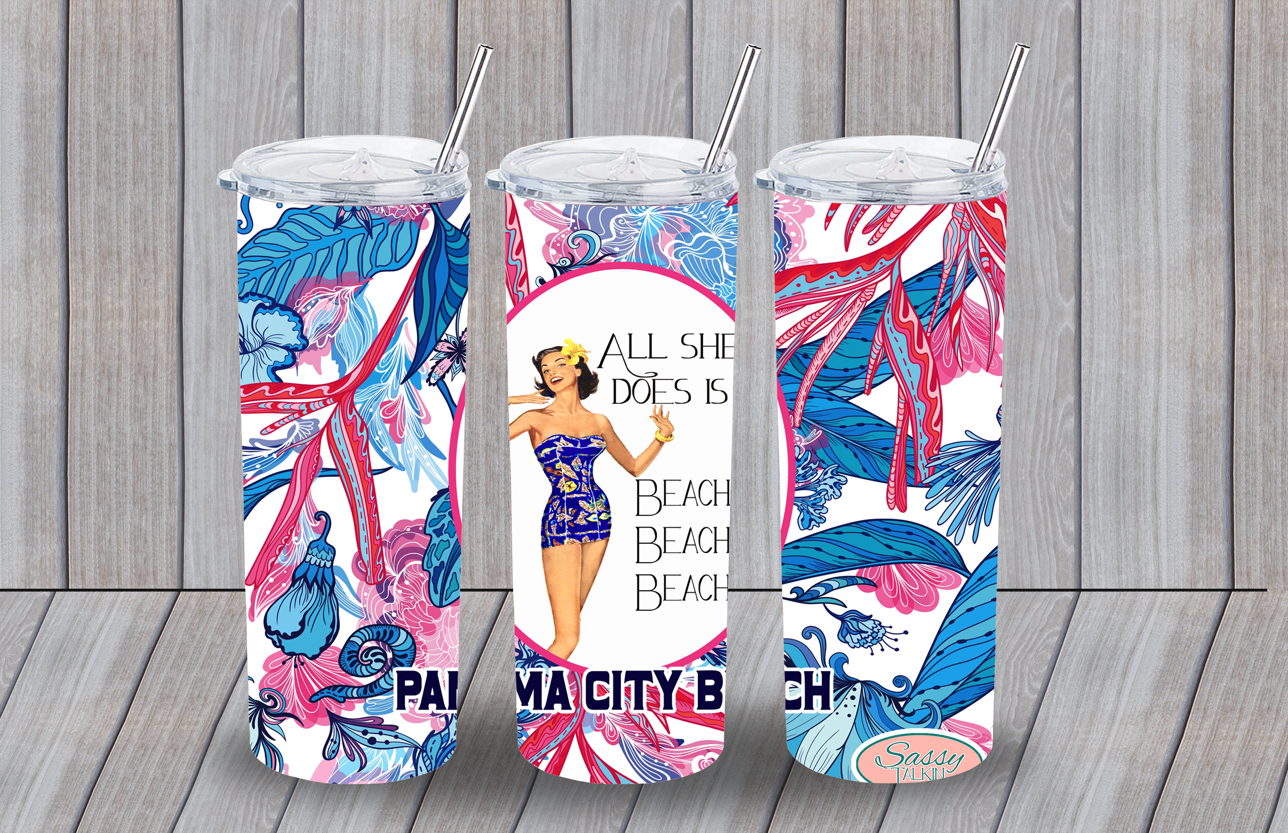 Sassy Talkin - Wholesale Insulated Mug/Tumbler - Sassy Girl, 20oz. Metal Tumbler, All she does is beach0